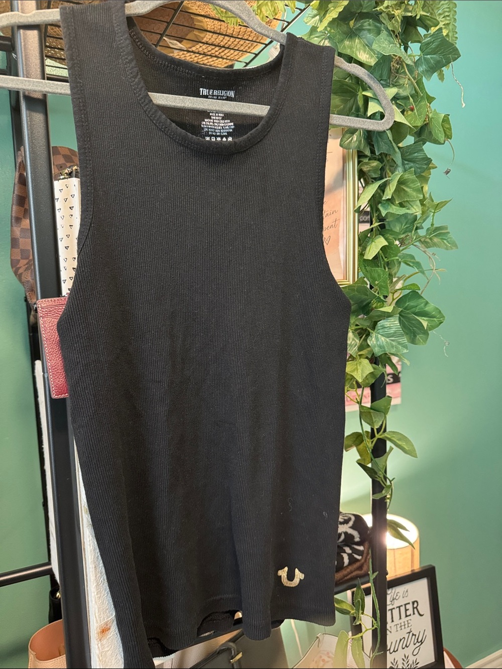 True Religion Men's Black Ribbed Tank with Gold Logo
